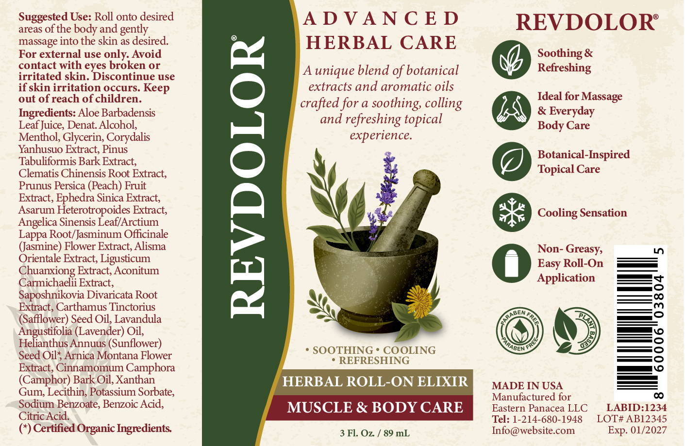 Original REVDOLOR herbal roll-on elixir label